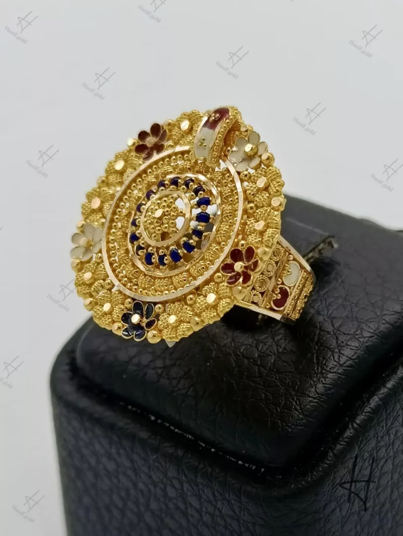 انگشتر ۲۱ عیار کار جور دوبی ، درشت ، میناخور ۳ رنگ ، طرح گل