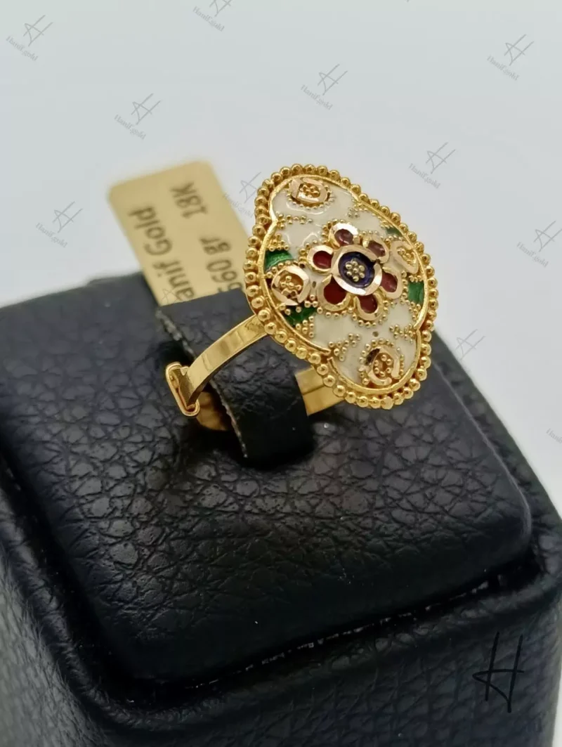 انگشتر ۲۱ عیار کار جور دبی ، مینا خور سه رنگ ، طرح کلاسیک ایرانی