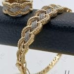 دستبند انگشتر طلای دو رنگ ، نگین دار ، طرح بافتنی (یورمن جلوا)