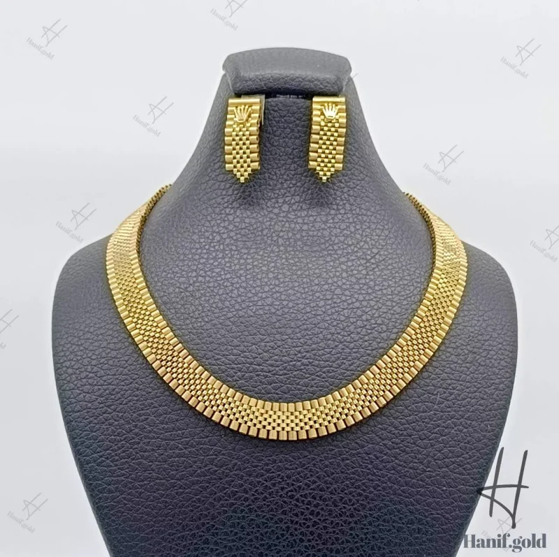 سرویس طلای زنانه ، گردنبند و گوشواره زرد مات و براق ترکیبی ( مجموعه رولکس )