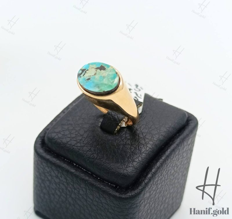 انگشتر طلای زنانه ، سنگ فیروزه همراه با رکاب آینه ای زرد ( عقیق فیروزه )