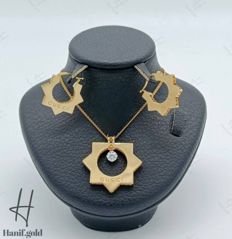 نیم ست طلای زنانه ، زرد مات ، برند گوچی ، نگین دار (مجموعه pearl)