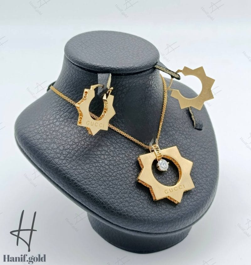 نیم ست طلای زنانه ، زرد مات ، برند گوچی ، نگین دار (مجموعه pearl)