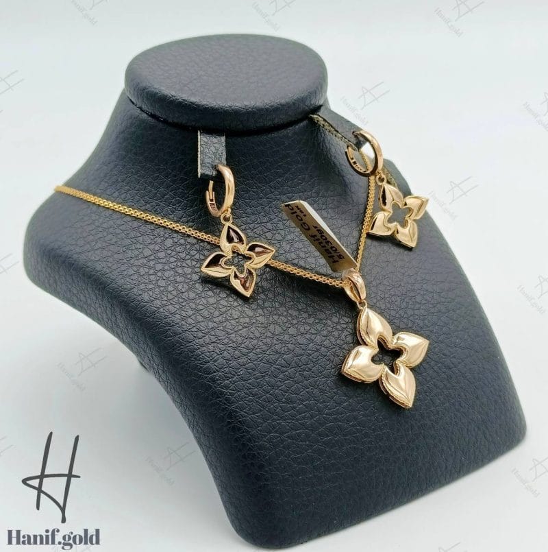 نیم ست طلای زنانه ، گل چهار ، پر آینه ای زرد ( اکسترا )