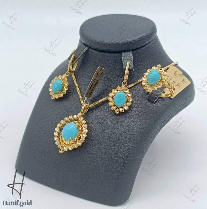 نیم ست طلای زنانه ، تراشخور زرد ، سنگ فیروزه ( رنگی راشل )