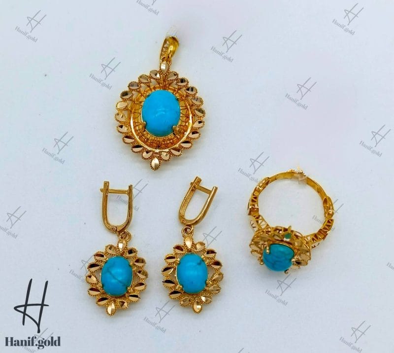 نیم ست طلای زنانه ، تراشخور زرد ، سنگ فیروزه ( رنگی راشل )