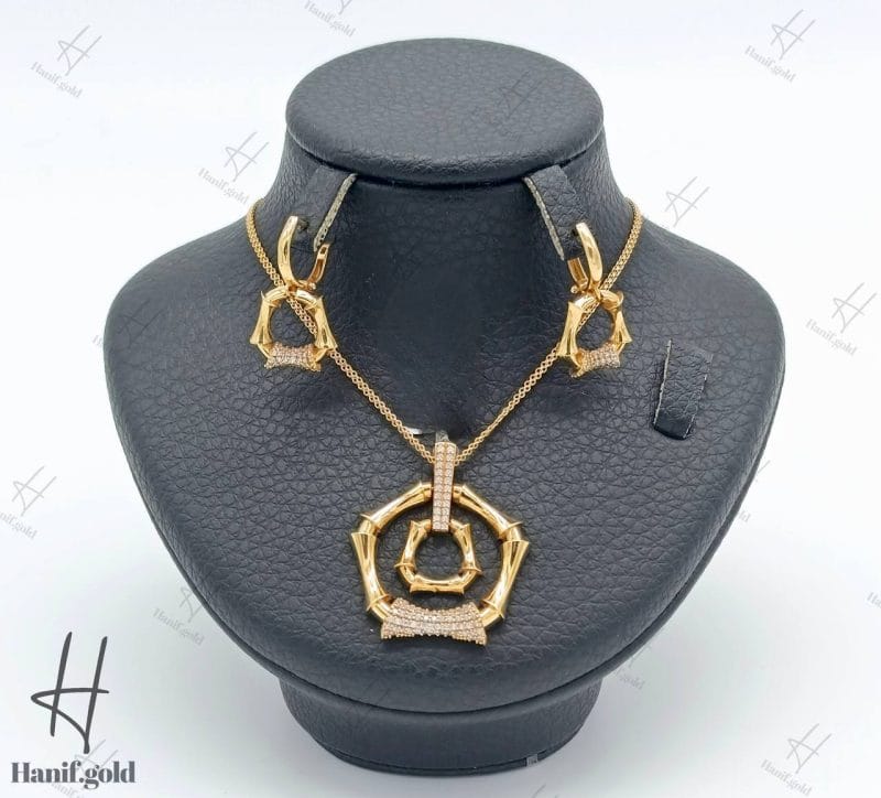 نیم ست طلای زنانه ، مدال گوشواره طلای زرد نگین دار ( استخوانی )