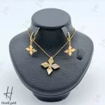 نیم ست طلای زرد آینه ای زنانه ، طرح گل چهار پر لوزی ، نگین دار اتمی (کراون )