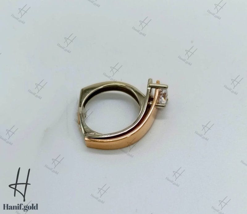 انگشتر طلای دو رنگ رزگلد و شامپاینی طرح حلقه تک نگین