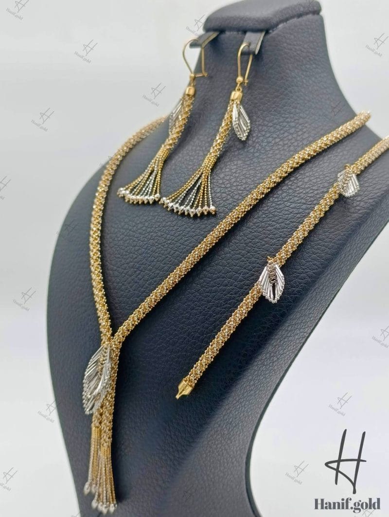 سرویس طلای زنانه ، دو رنگ زرد و سفید آویز دار (سرویس خودکاری)