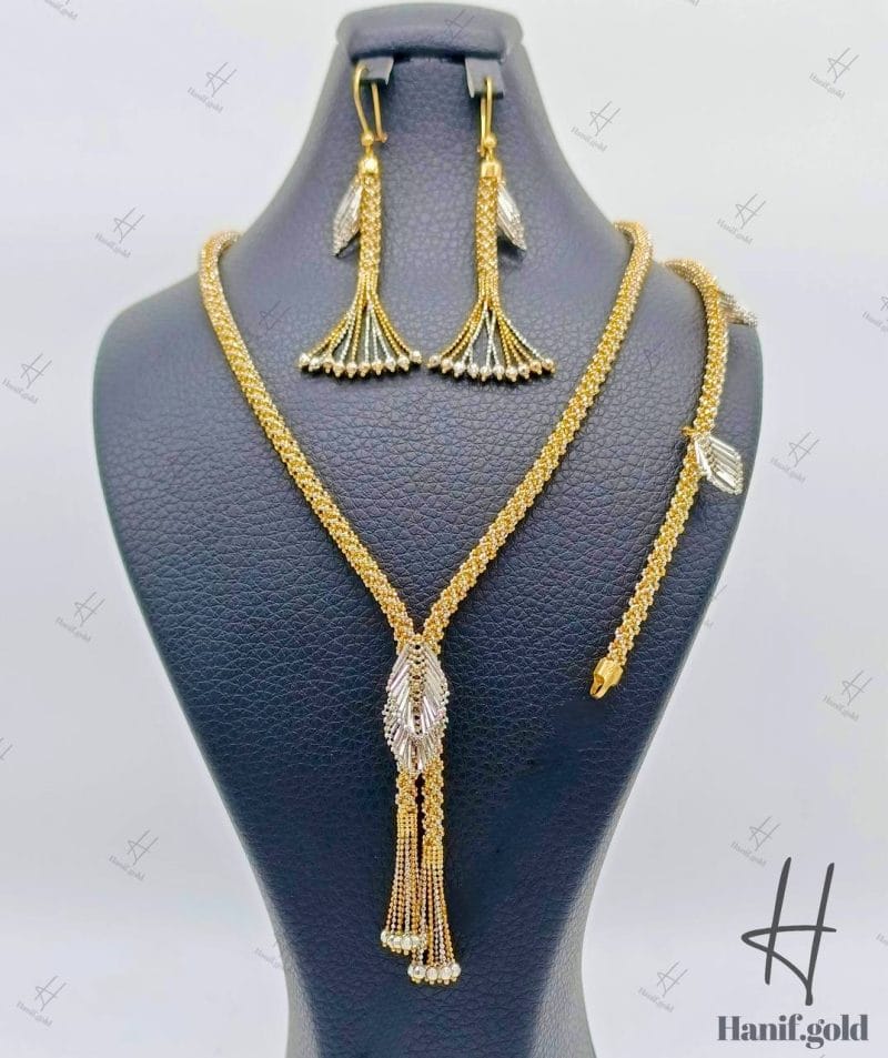 سرویس طلای زنانه ، دو رنگ زرد و سفید آویز دار (سرویس خودکاری)