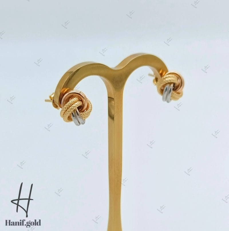 گوشواره طلای طرح گره سه رنگ،سفید،زرد و رزگلد - Image 1