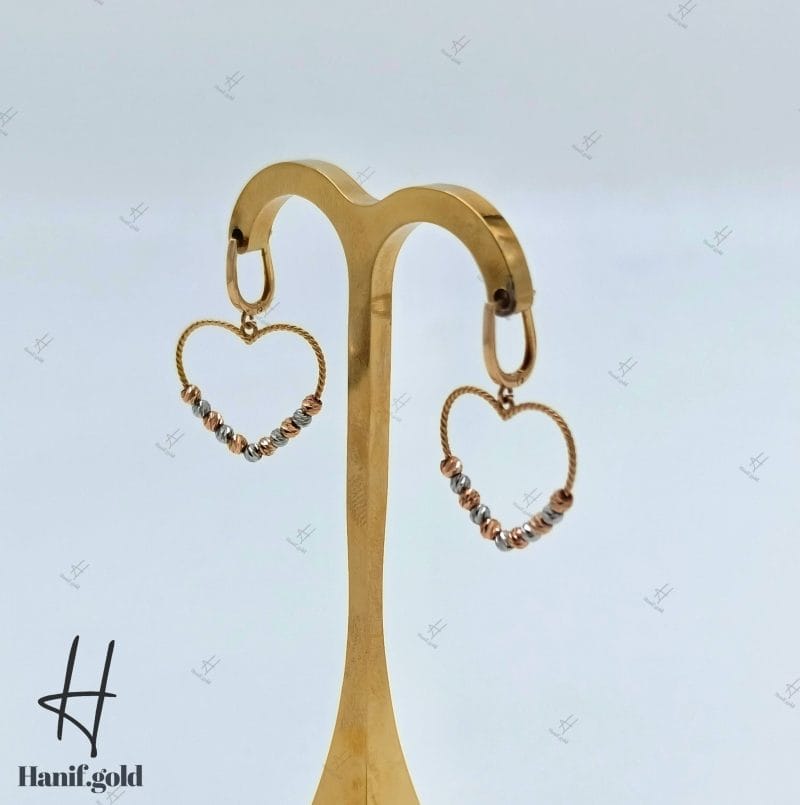 گوشواره طلای طرح قلب با توپ تراش،دو رنگ سفید و رزگلد (گوشواره ذهبی) - Image 2