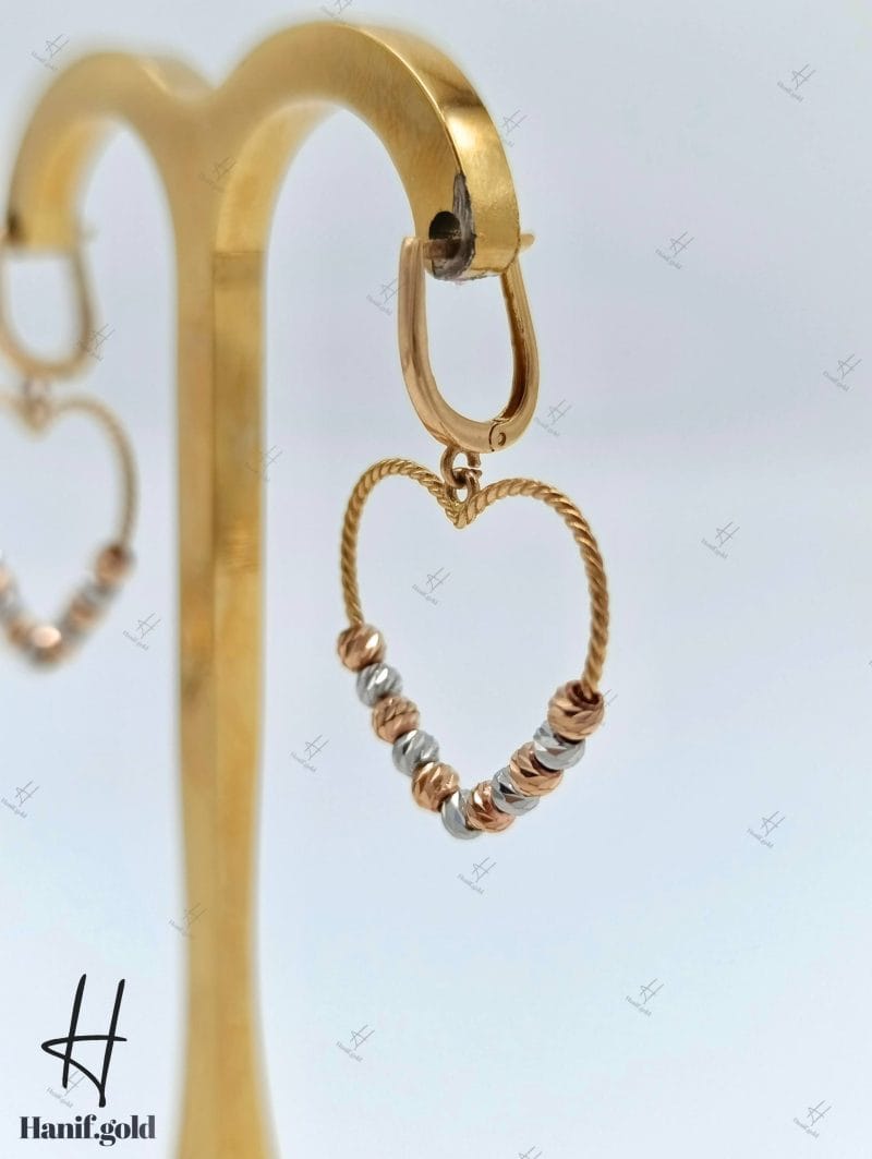 گوشواره طلای طرح قلب با توپ تراش،دو رنگ سفید و رزگلد (گوشواره ذهبی) - Image 1