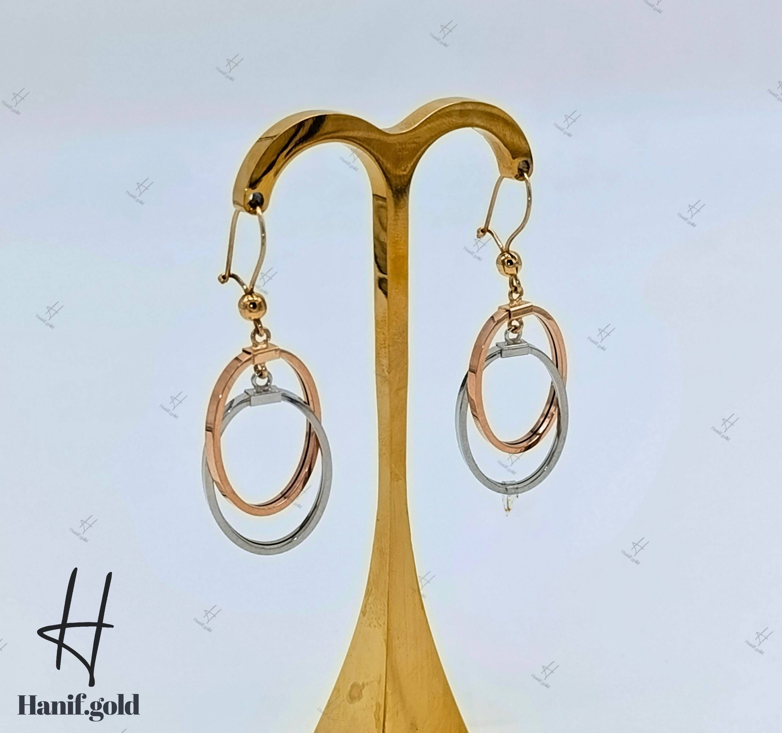 photo_۲۰۲۵-۰۹-۰۴_۱۰-۵۲-۵۷ گوشواره طلای آویز حلقهای بیضی، دو رنگ سفید و رزگلد - Image 1