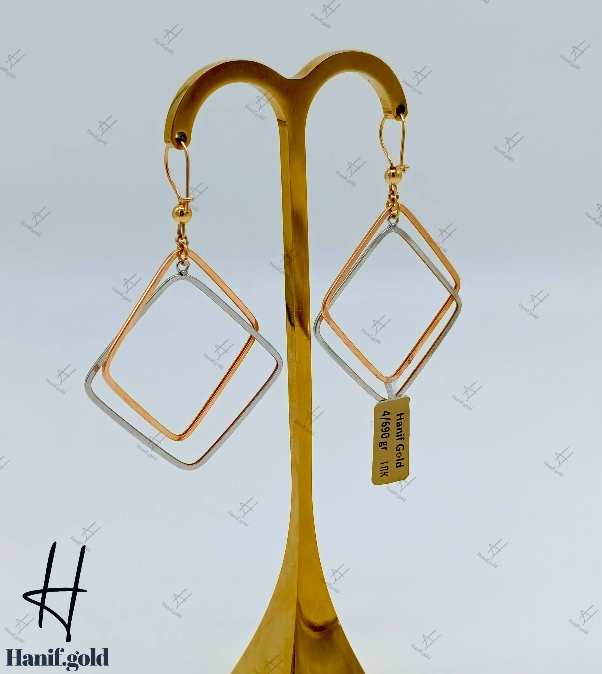 photo_۲۰۲۵-۰۹-۱۸_۰۹-۵۳-۵۶ گوشواره طلای آویز دو رنگ،سفید و رزگلد طرح لوزی (گوشواره رویال) - Image 1