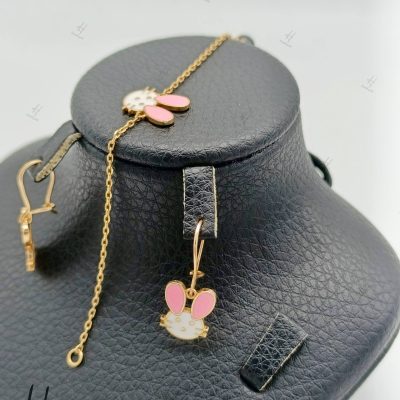 دستبند و گوشواره طلای بچه‌گانه طرح خرگوش(مجموعه دلارام)