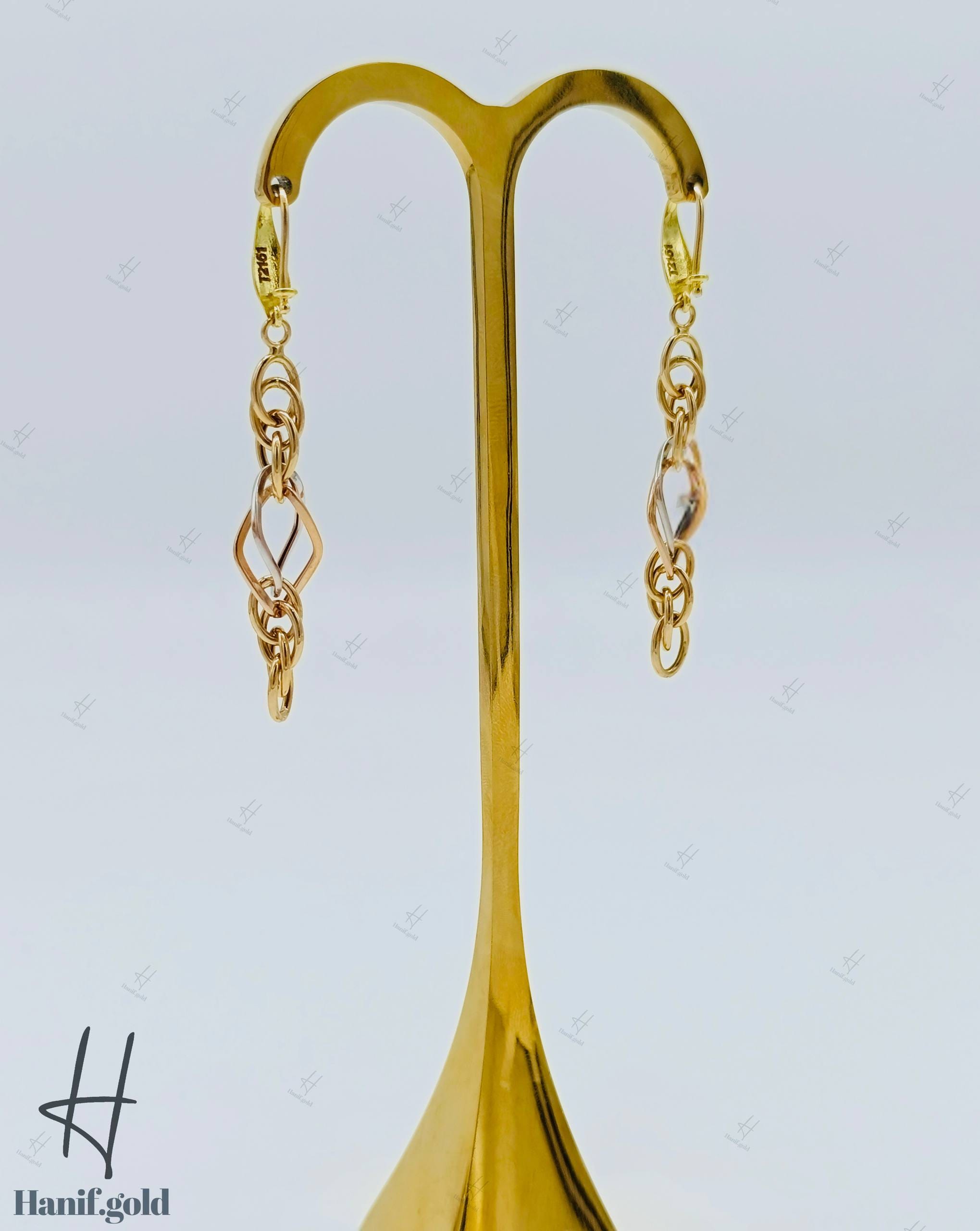 photo_۲۰۲۵-۱۰-۰۲_۱۱-۴۹-۱۶ گوشواره طلای آویز سه رنگ سفید،زرد و رزگلد ،طرح والنسیا - Image 1